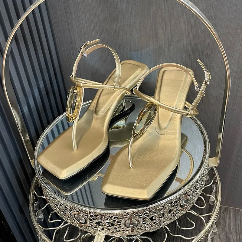 Luxury Crystal Clip Toe Wedges Sandals Women Square Narrow Strap Zpaxo