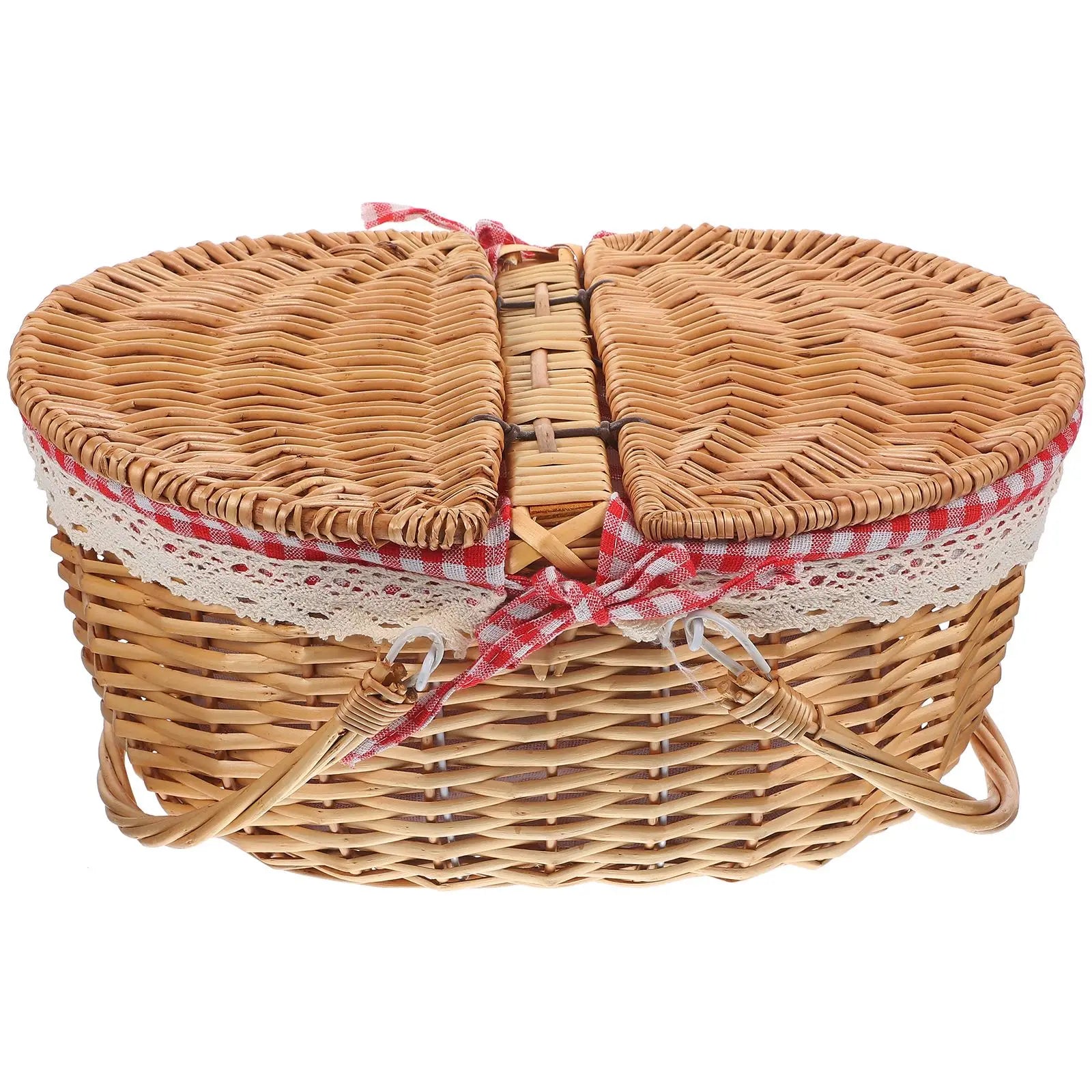 African Market Basket Handles Lid Wicker Woven Rustic Storage Bread