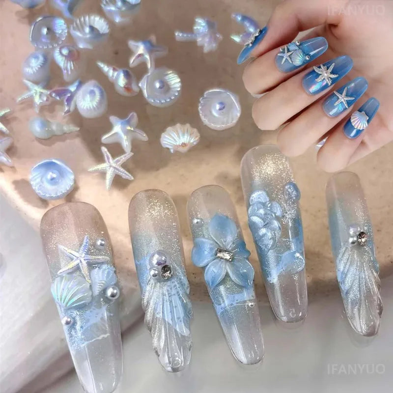 Mixed Summer Aurora Shell Nail Rhinestone Ocean Theme Starfish Coconut Tree Resin Nail Charm Decoration DIY Manicure Accessories Zpaxo