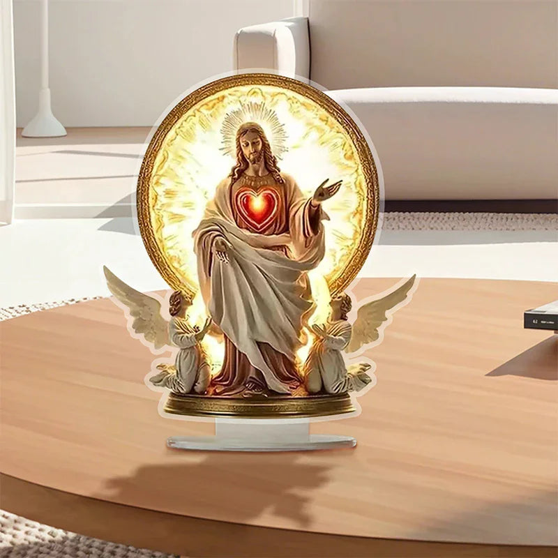 Acrylic Traditional Religious Art Desktop Sacred Heart Of Jesus Angel With Base Zpaxo