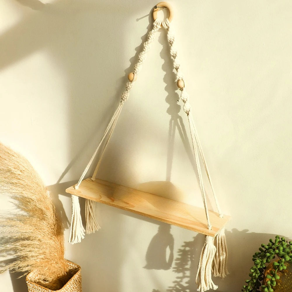 Handmade woven tassel wooden bead flowerpot shelf simple homestay living room home wall pendant Zpaxo