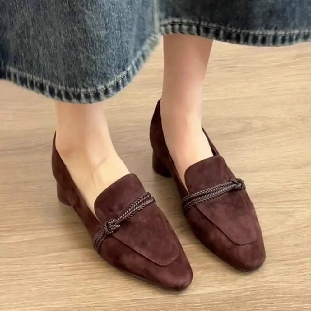 Loafers Women Square Toe 2026 Ladies Shoes Slip-on Vintage Buckle