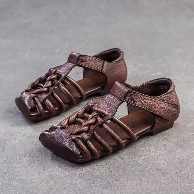 Genuine Leather Sandals Women Handmade Woven Literary Style Hollow Flat Roman Sandals Ladies Summer Shoes Sandalias Zpaxo