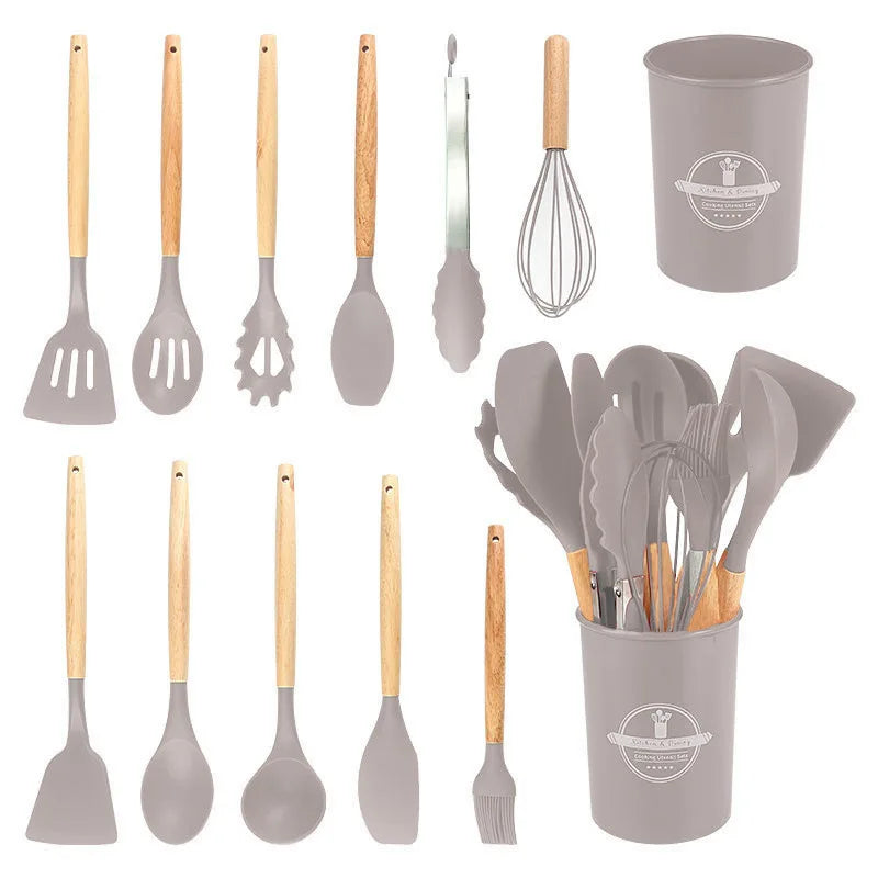 12Pcs/5pcs Silicone Kitchenware Non-Stick Cookware Kitchen Utensils Set Spatula Shovel Egg Beater Wooden Handle Cooking Tool Set Zpaxo Khaki 12Pcs