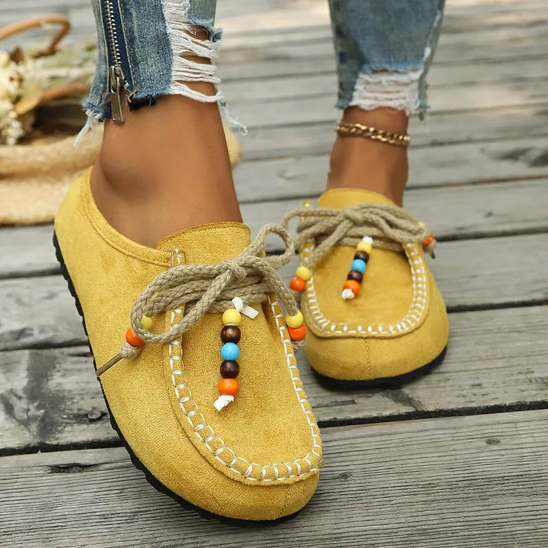 Women's Slip-on Loafers Soft Bottom Suede Leather Ethnic Flats Beaded Zpaxo 40 yellow