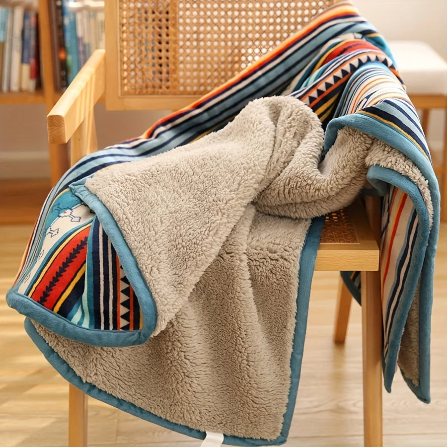 Nordic Stripe Fleece Blanket Double Layer Thick Warm Boho Sofa Bed Zpaxo