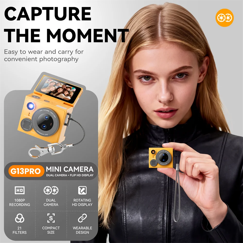 G13 Digital Camera 180° Flip Screen Selfile Keychain Camera Retro Support Memory Card HD Very Small Camcorder Video Recorder New Zpaxo G13 Pro Orange No TF card