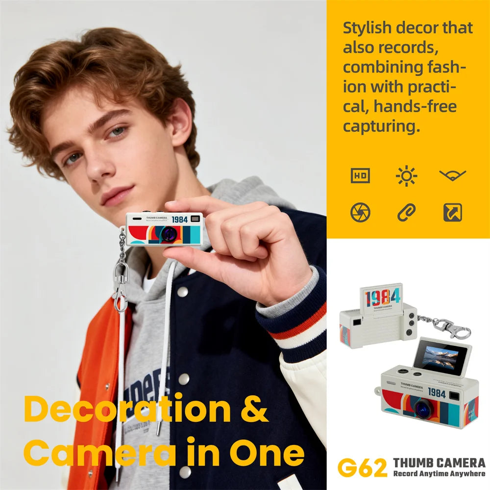 G62 Keychain Thumb Camera 0.96 Inch Retro Mini Action Camera 1080P Very Small Camcorder Audio Video Recorder Support Memory Card Zpaxo