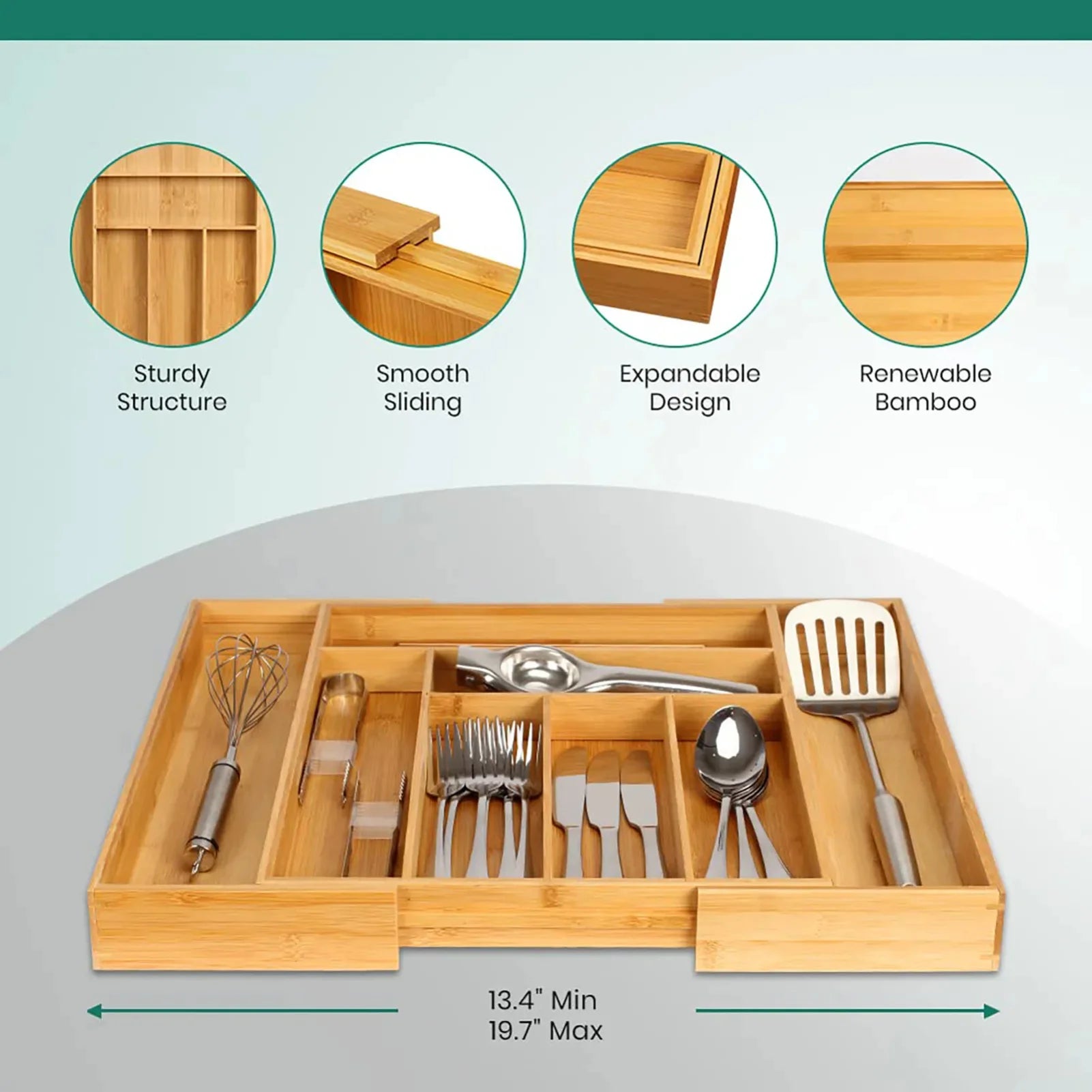 ‌Bamboo Drawer Organizer Expandable Adjustable Cutlery Tray for Kitchen Utensils Silverware Storage Home Organization Tool Zpaxo