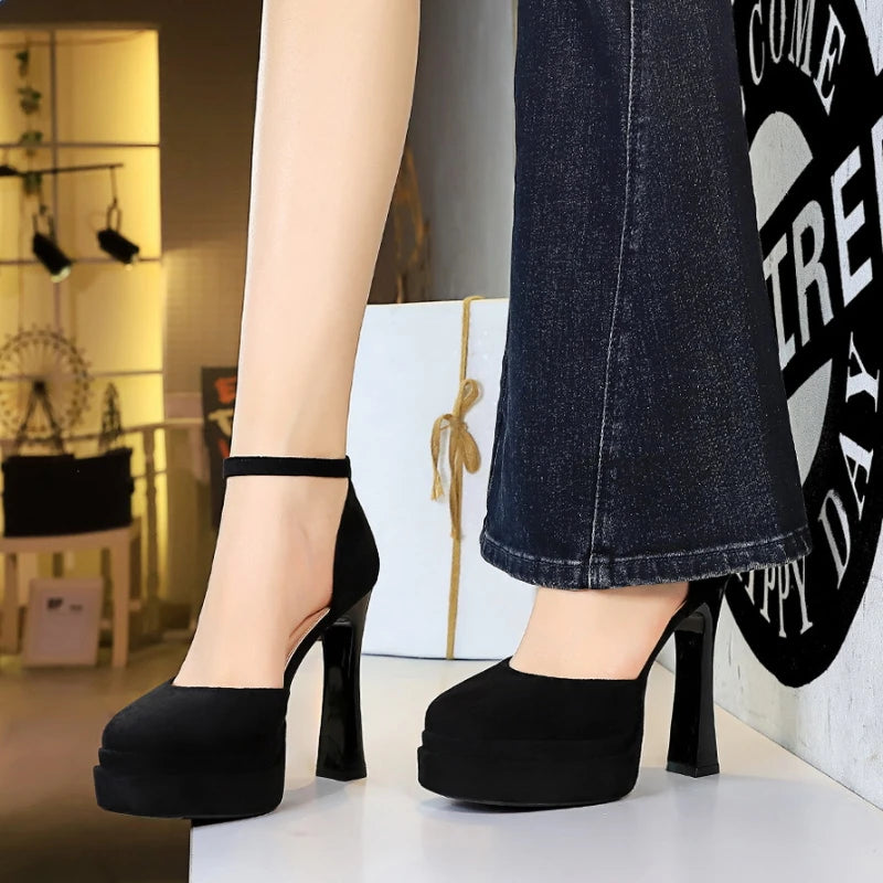 Korean Version Air-quality Shallow Mouth Round Toe Suede Heels Thick Zpaxo 9272 Black 35 China Mainland