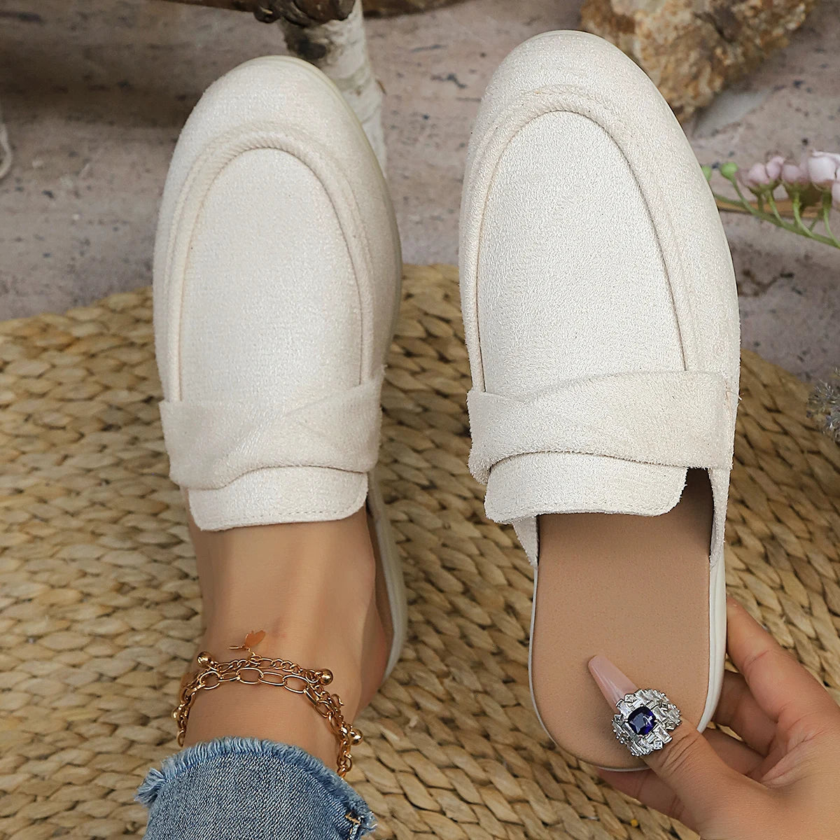 Women Slippers Fashion Slides Women Casual Flat Bottom Mules Loafers Fashion Single Shoes Brand Comfortable Slip on Sandals Zpaxo WHITE 40