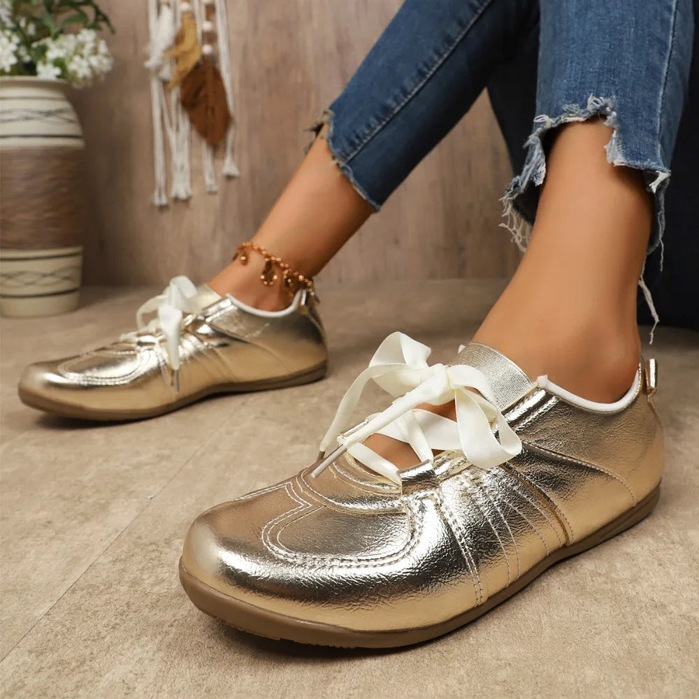 Fashion Gold Silver Women Flat Sneakers Lightweight Soft Sole Shoes