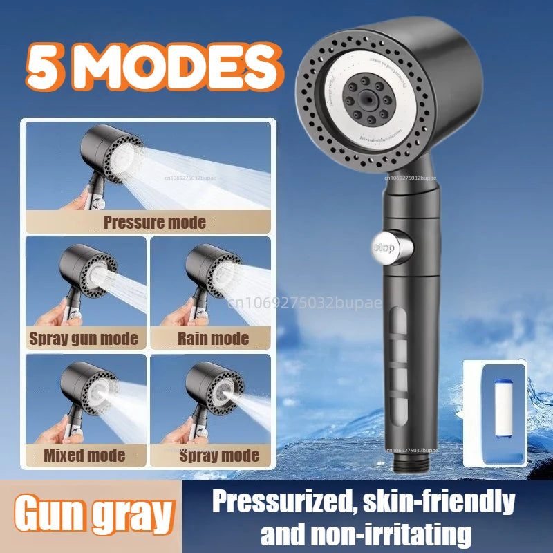 5 Modes High Pressure Water Saving Filter Shower Head Handheld Shower Head One Button Stop Bathroom Accessories Set Zpaxo Grey