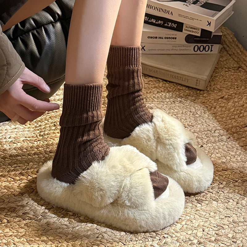 Cross Warm Fluffy Furry Slippers Women Lightweight Flat Heels Fur