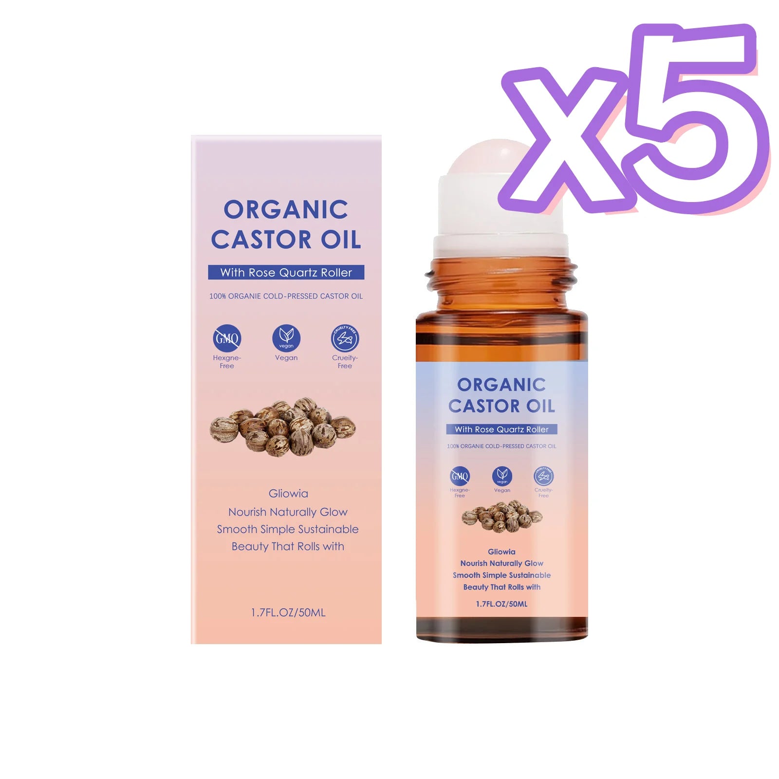 Organic Castor Oil Rose Quartz Roller Ball – 50ml Castor Oil Roller Zpaxo 50ml Boxed x 5pcs