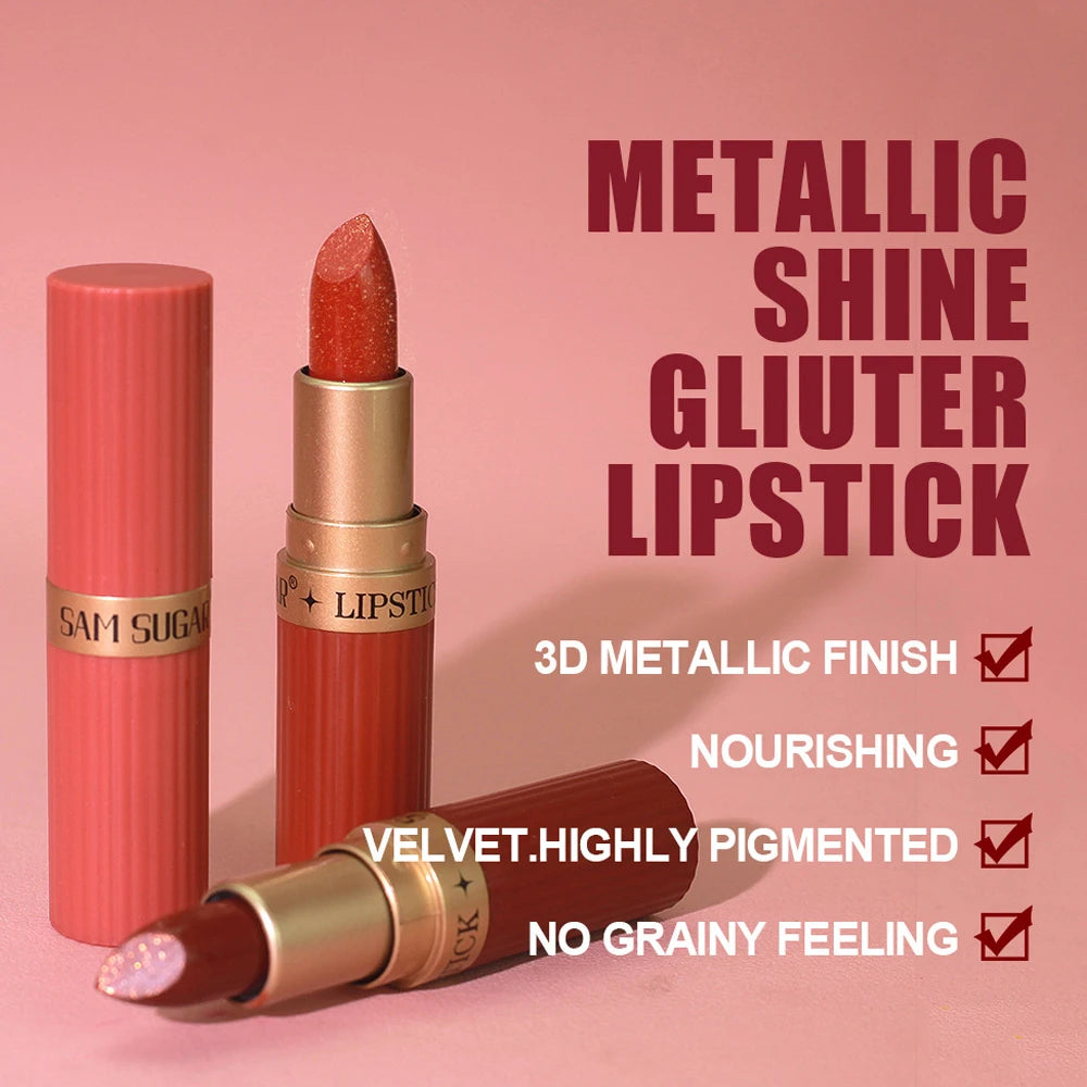Chocolate Brown Luxurious Metallic Glitter Lipstick Long-Lasting Waterproof Non-Fade Shimmery Pearl Sparkling Lip Gloss Makeup Zpaxo
