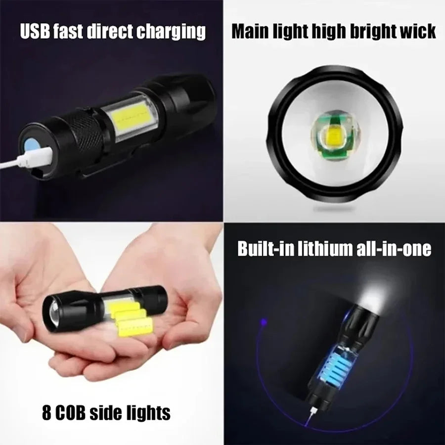 Mini COB+XPE LED Flashlight – USB Rechargeable Zoomable Torch