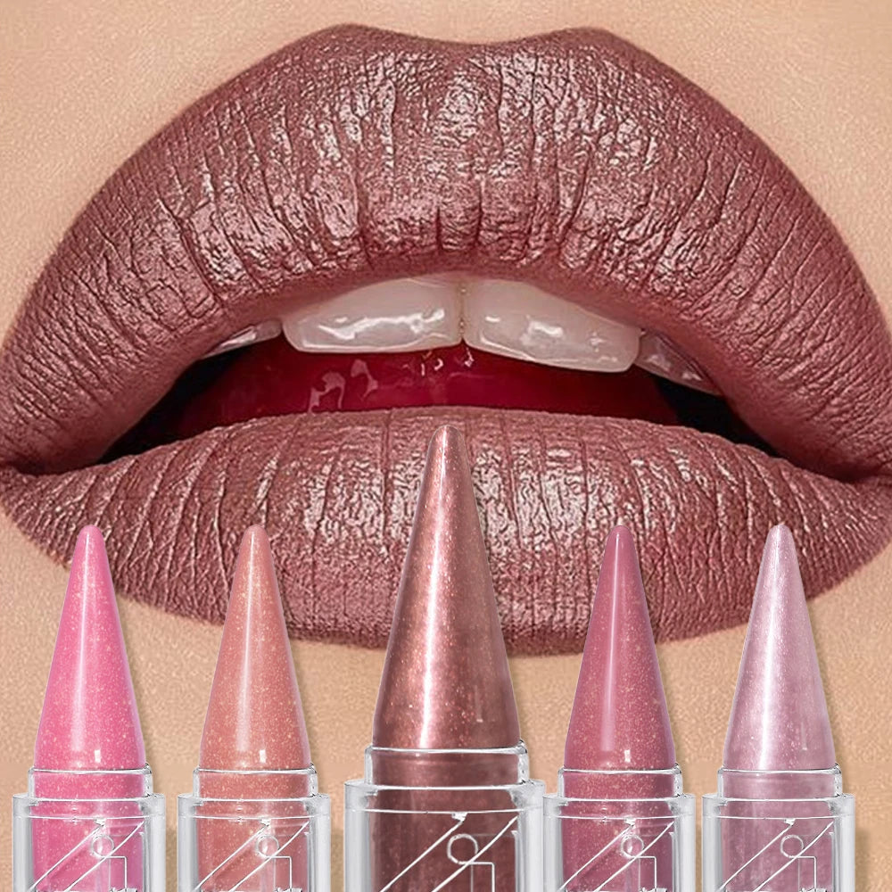 Pearlescent Brown Glitter Velvet Lipstick Metallic Waterproof Long Lasting Matte Shimmer Diamond Tapered Lip Stick Women Makeup Zpaxo