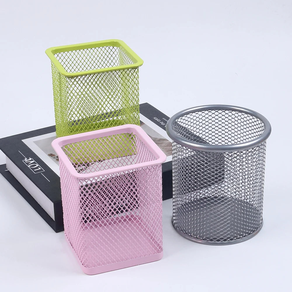 Round Square Pen Holder Desk Metal Mesh Pen Pot Case Pen Container for Student Office Desktops Zpaxo