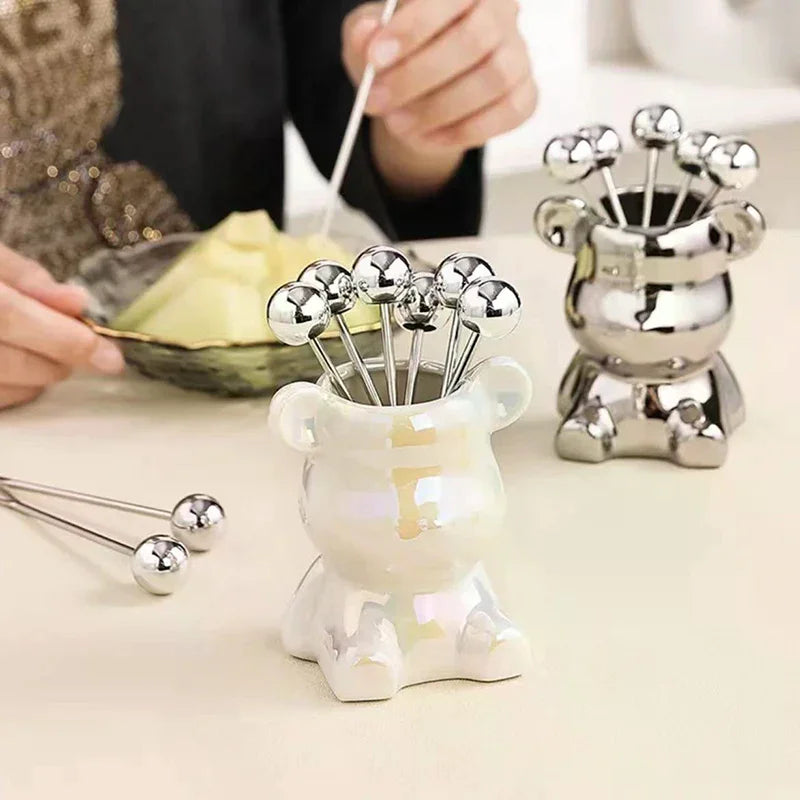 Stainless Steel Dessert Forks Storage Jar Cute Bear Utensils Party Zpaxo
