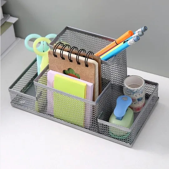 Mesh Desk Organizer Office Supplies Caddy with Pencil Holder and Storage Baskets for Desktop Accessories, 3 Compartments, Black Zpaxo 4 grids silvery