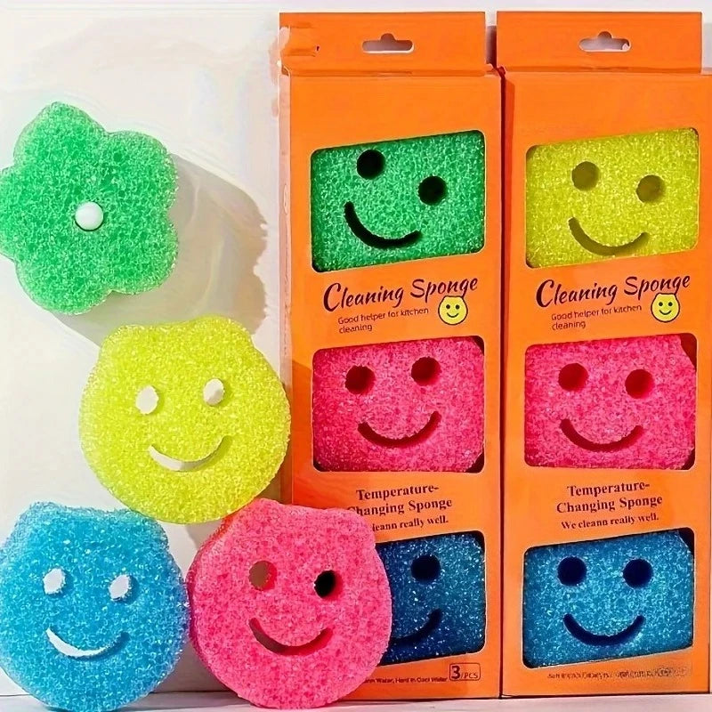 7pcs Smiley Face Temperature-Changing Cleaning Sponges，Colorful Kitchen Dishwashing Tools for Summer Grease Removal Cleaning Zpaxo