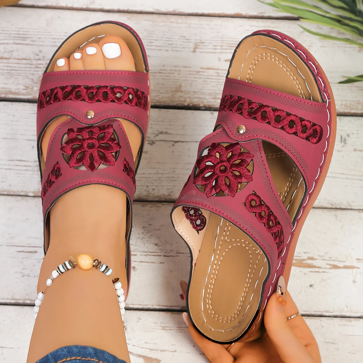 Women Wedge Slippers Summer Premium Orthopedic Sandals Open Toe Zpaxo wine red 39