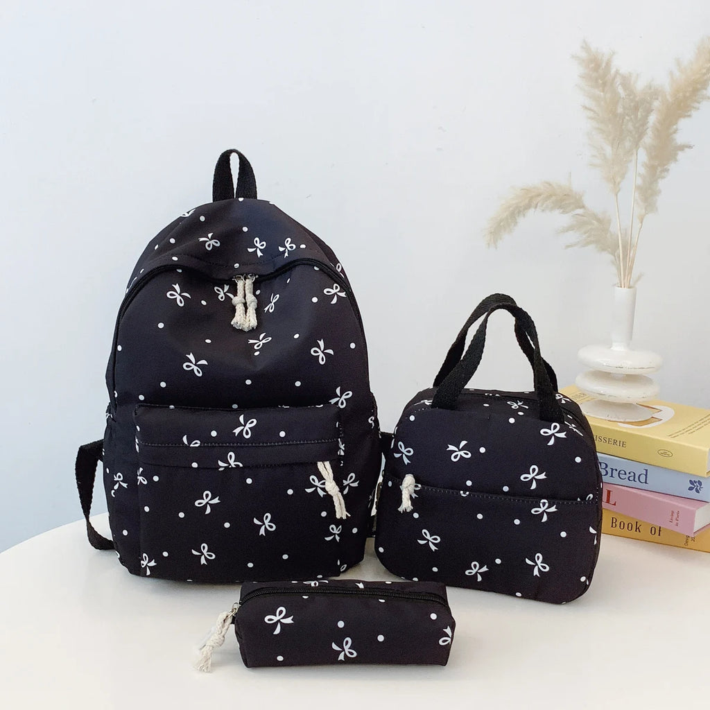 Korean Fashion Bow Print Women Backpack Simple Student Schoolbag