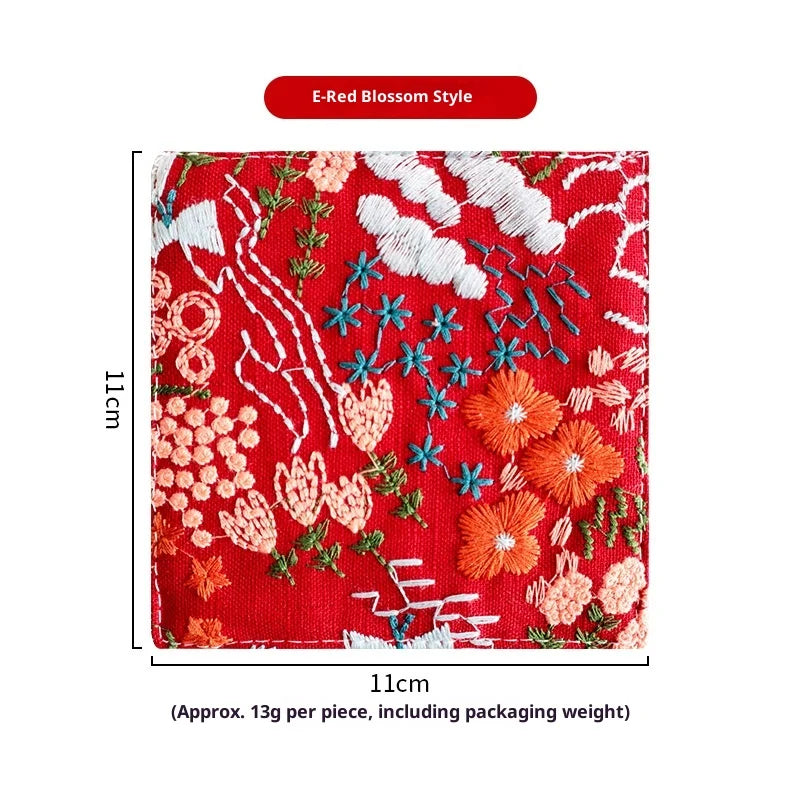 Cotton Hemp Embroidery Cup Mat – Thick Insulated Tea Coaster Tea Table Coaster Zpaxo Red Flowers 11 11cm