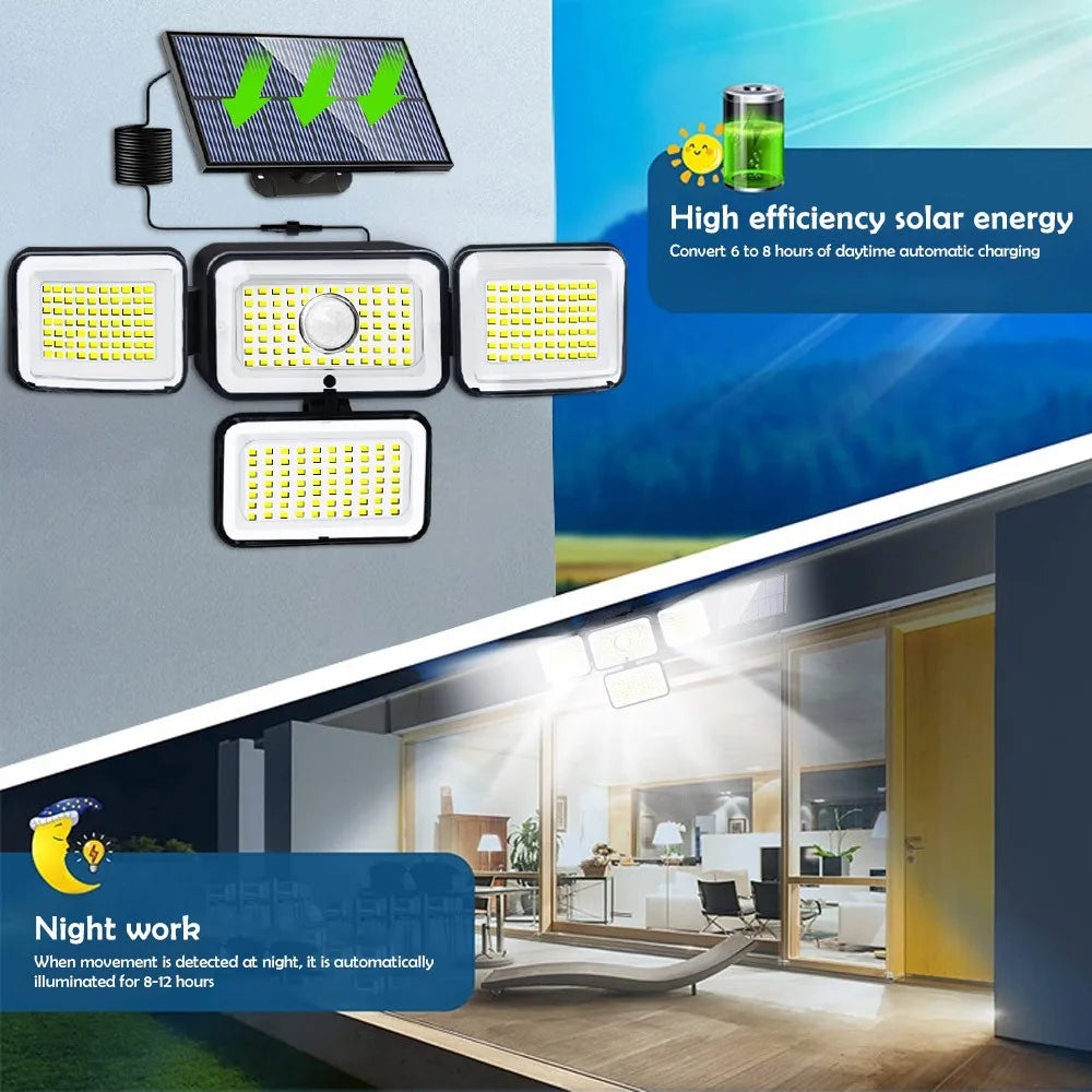 283LED Solar Lights Outdoor 4 Heads Motion Sensor Light Solar Security Lights Waterproof 3 Modes Flood Lights Garden Backyard Zpaxo