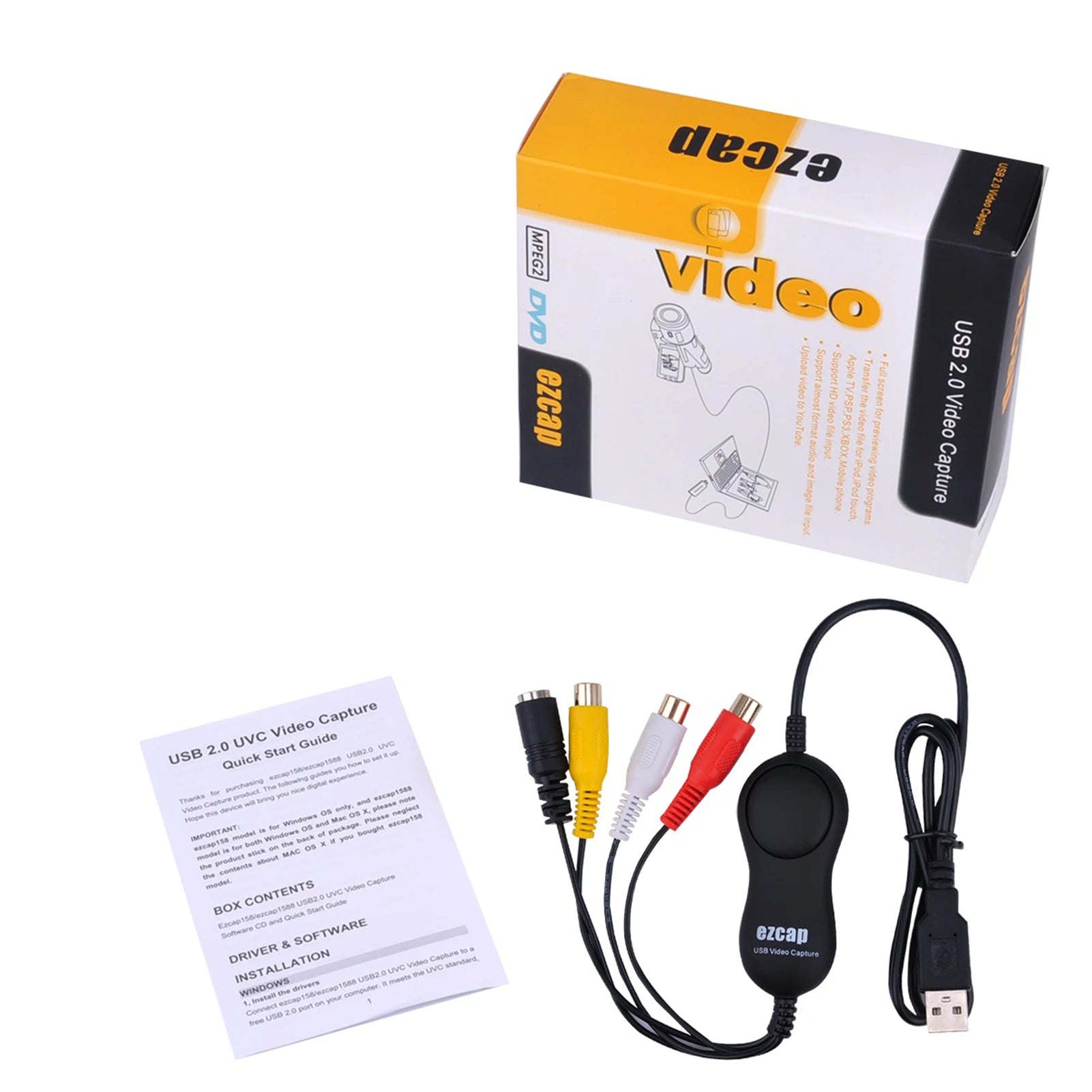 USB 2.0 UVC Video Capture Card VHS to Digital Converter Supports CVBS and S-Video Input Camcorder Game Player to PC Laptop Zpaxo