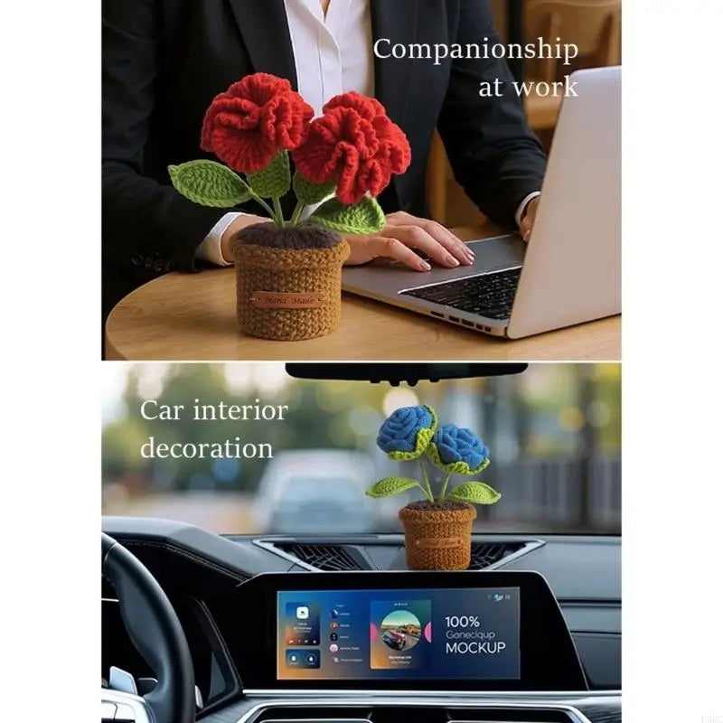 Hand Crocheted Rose Flower Potted Plant Decoration Home Office Desk