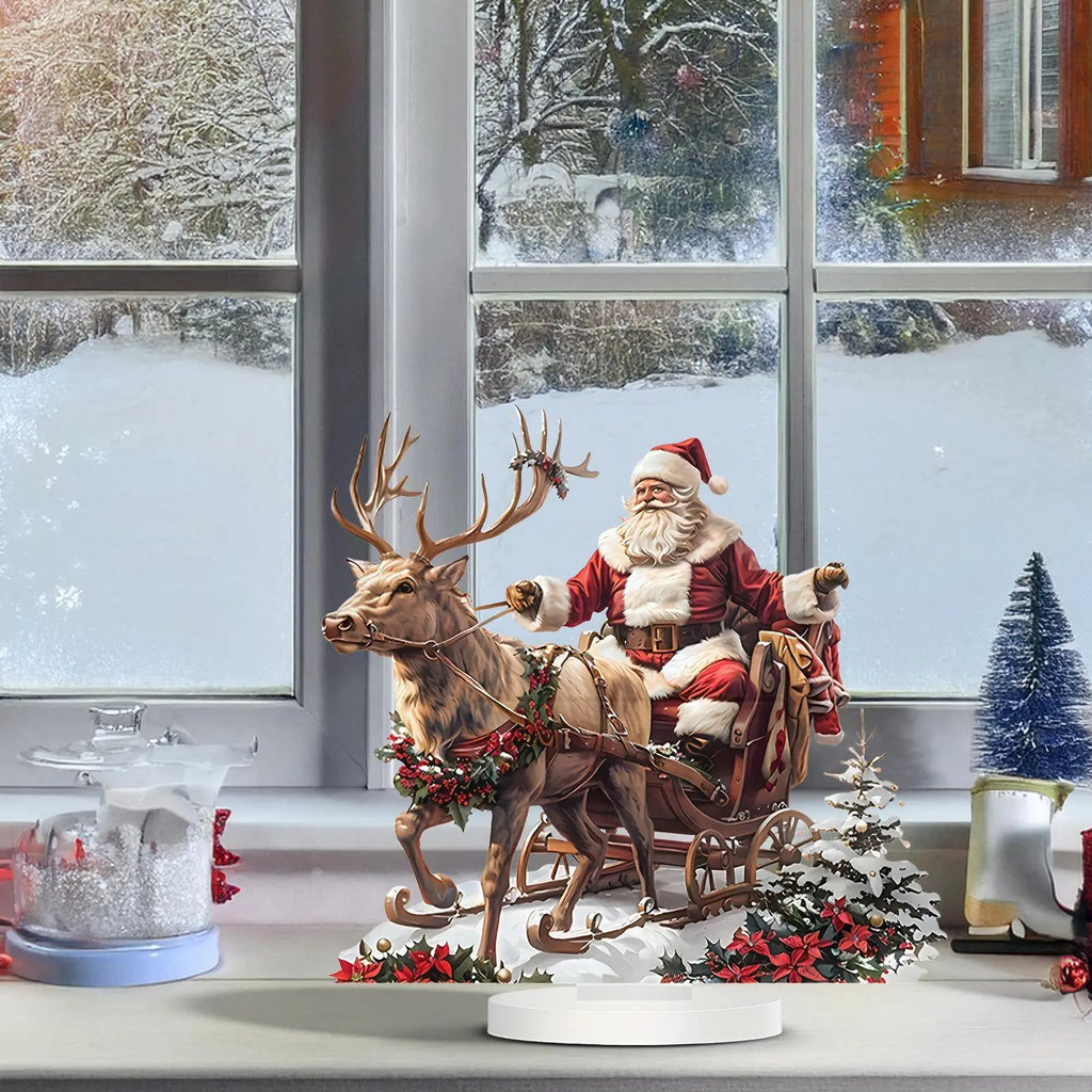 Santa Sleigh Decor 2D Acrylic Desktop Ornament with Santa Claus and Reindeers for Christmas Table Home Office Holiday Decoration
