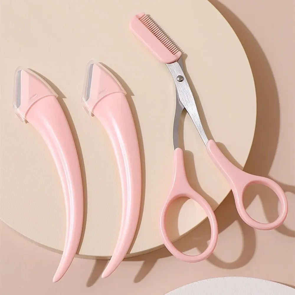 Women Eyebrow Scissors Comb Brow Trimmer Scraper Trimming Knife Face