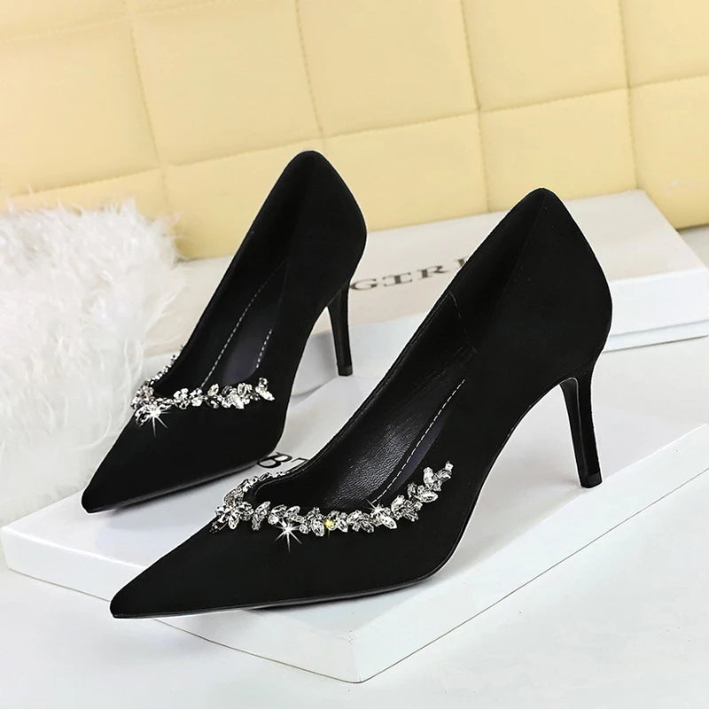 Pointed Toe Suede Heels Rhinestone Shallow Mouth Thin Single Shoes Zpaxo
