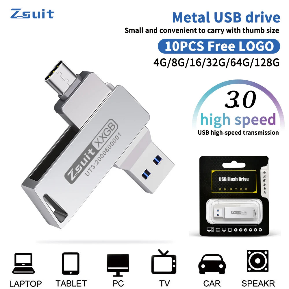 Zsuit 10 pcs/lot 32G USB Flash Drive Metal Memory Stick USB 3.0 Flash Drive 64G 128G 32GB Double C Disk c USB Flash Drive Zpaxo