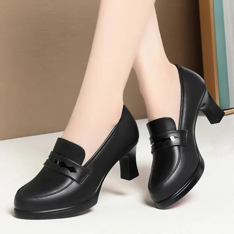 Cheongsam Shoes Heels Work Women's Black Loafer Catwalk Leather Zpaxo