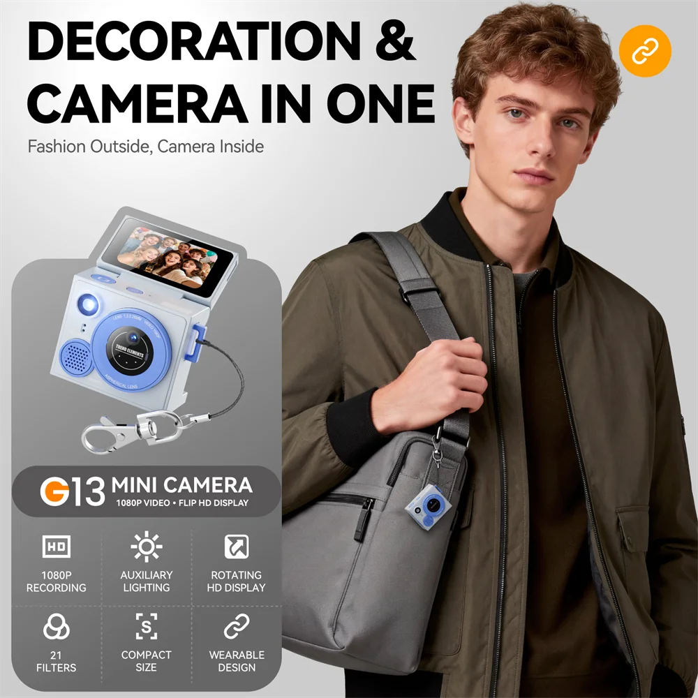 G13 Digital Camera 180° Flip Screen Selfile Keychain Camera Retro Support Memory Card HD Very Small Camcorder Video Recorder New Zpaxo G13 Blue Camera Add 8G