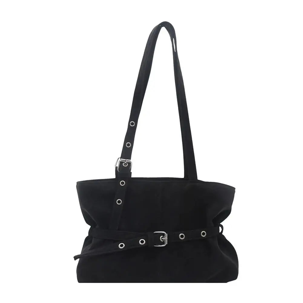 Vintage Suede Tote Bag with Belt Buckle | Women's Shoulder Bag Suede Tote Bag Zpaxo Black