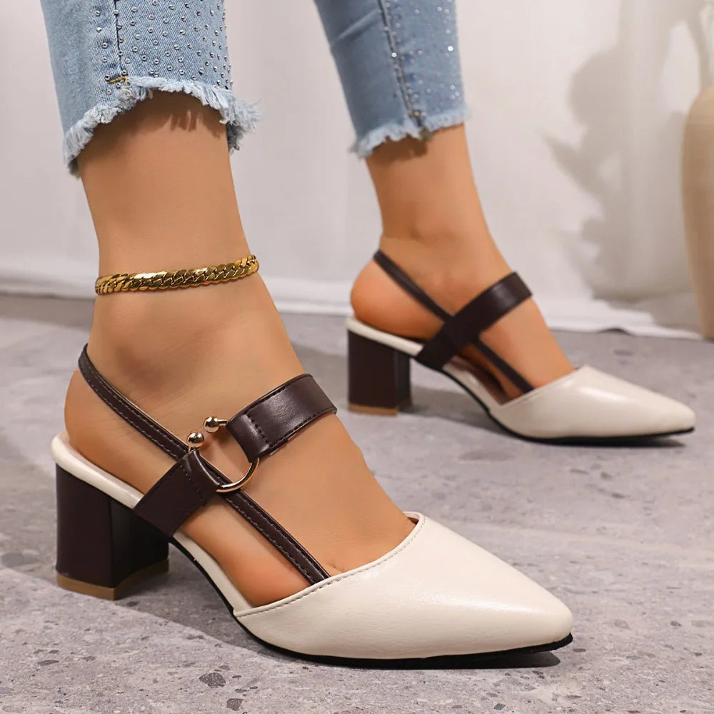 Elegant Pointed Toe Chunky Heel Sandals Women Summer Slingback Heels Zpaxo 37 Beige