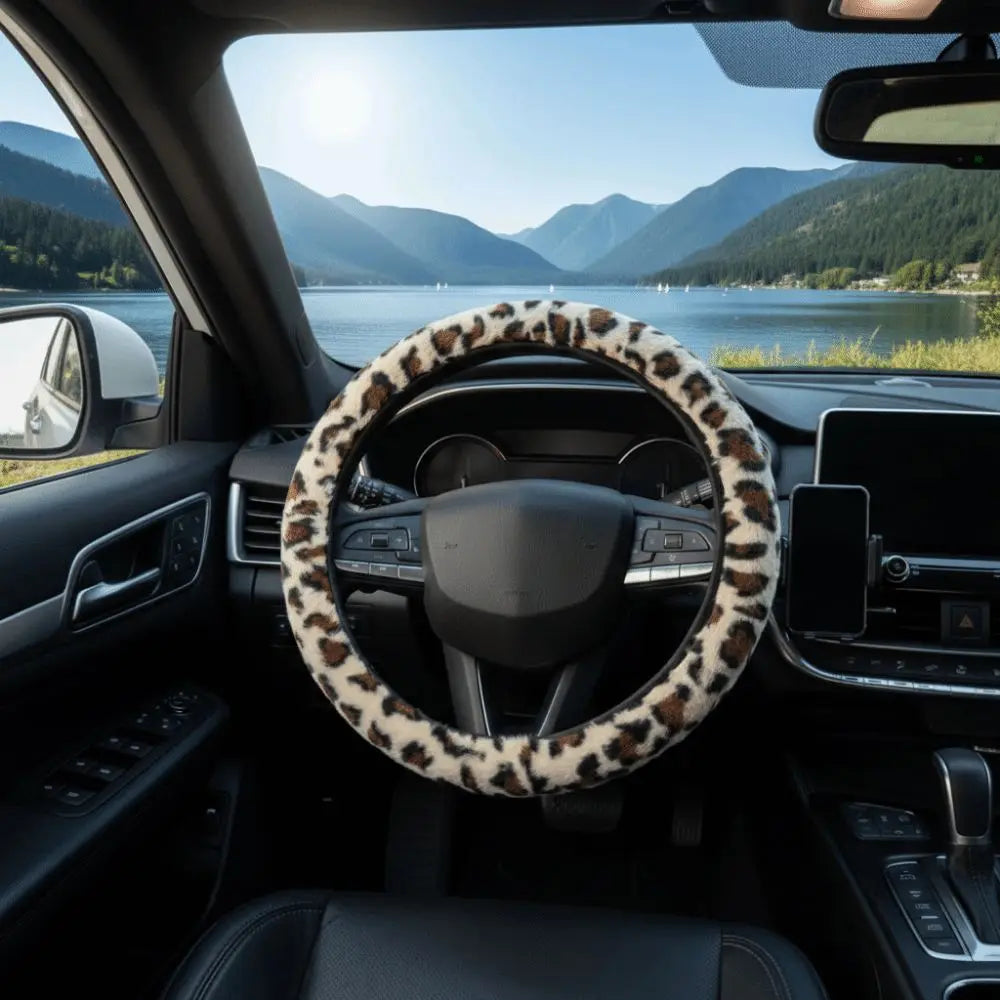 Leopard Steering Wheel Cover Winter Fur Artificial Rabbit Soft Zpaxo
