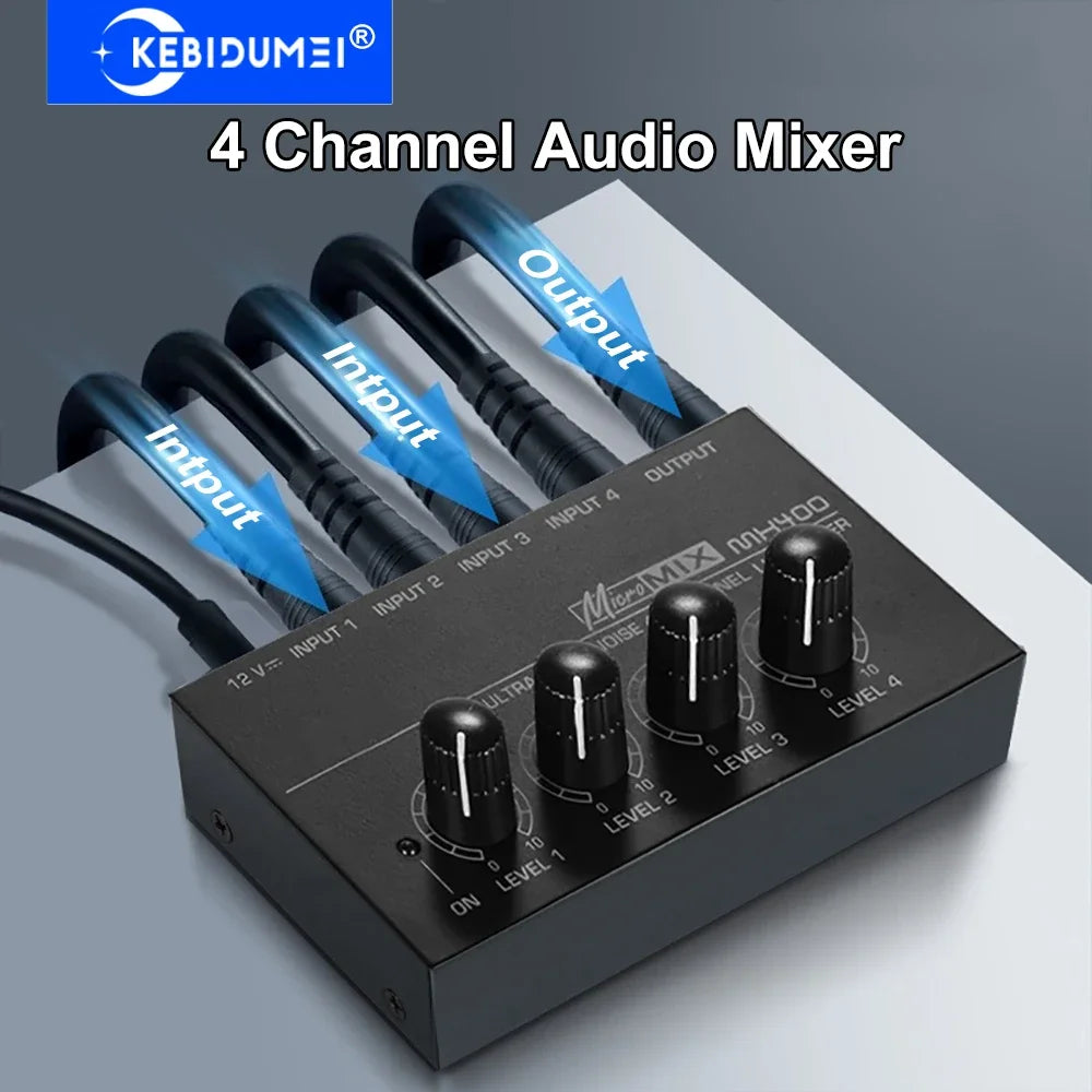 4 Channel Line Mixer Mini Sound DC 12V Easy Operation Audio Ultra Low