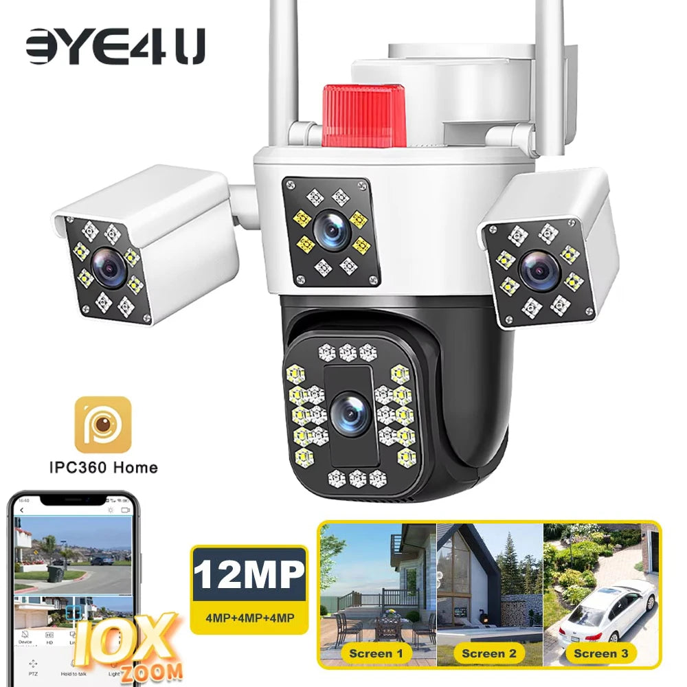 6K 12MP Security Camera Outdoor 10X Zoom Triple Lens Three Screens Zpaxo
