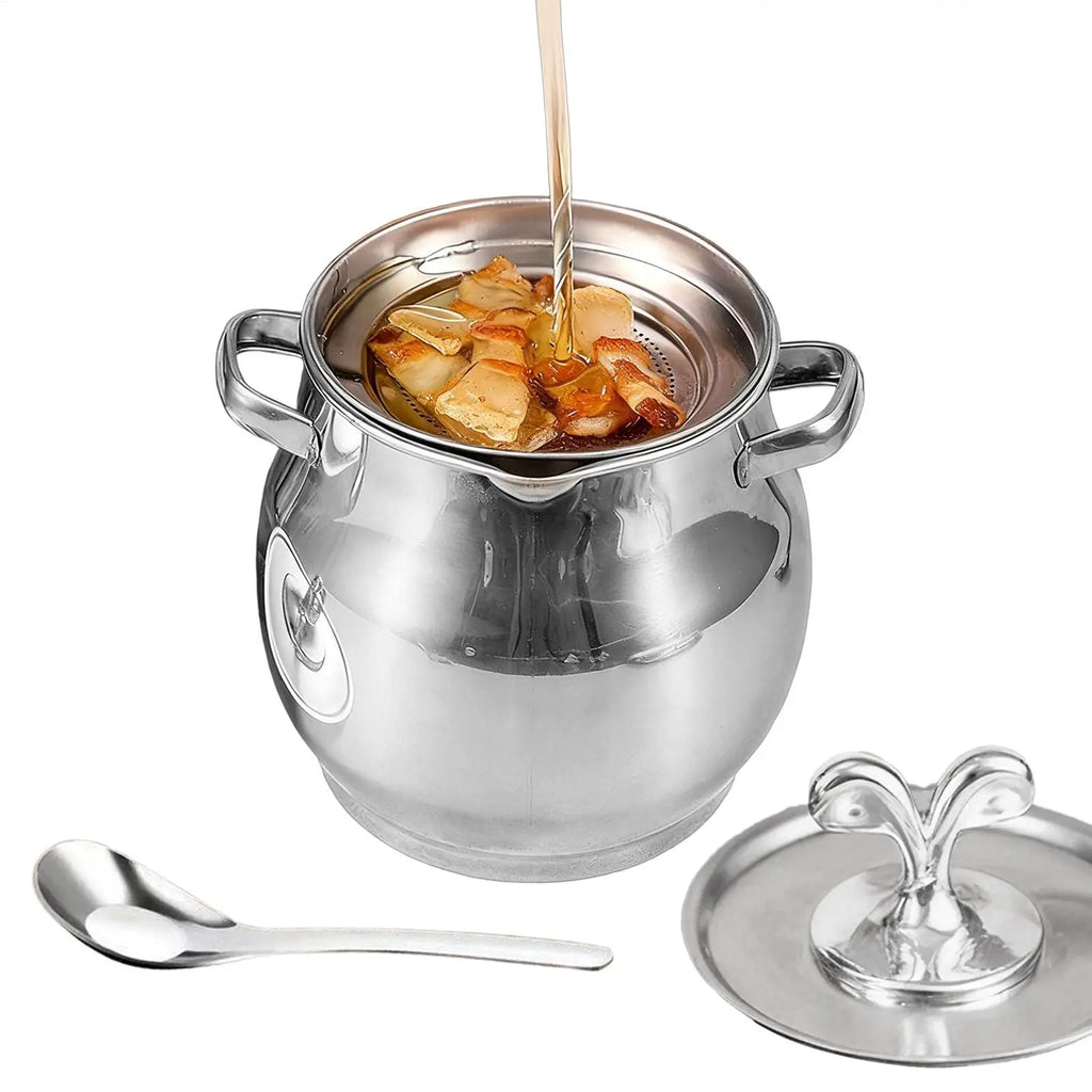 Stainless Steel Bacon Grease Keeper Container Strainer Spatula Drip