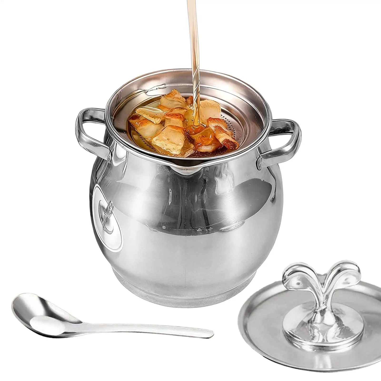 Stainless Steel Bacon Grease Keeper Container Strainer Spatula Drip