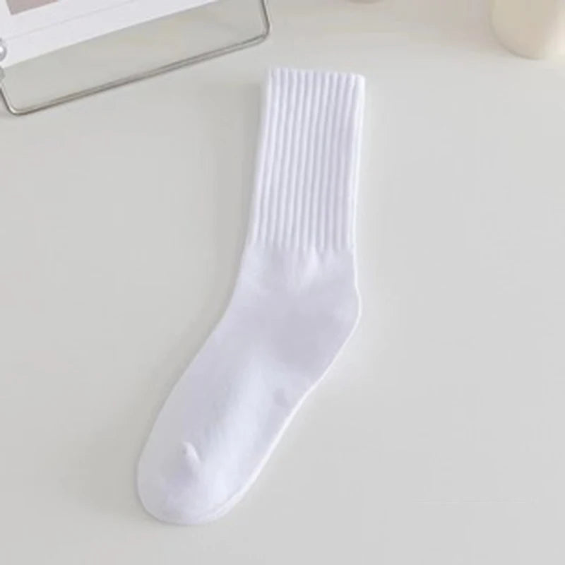 2 Pairs Women Cotton Socks Medium Tubes Knitted Loose Soft Crew Zpaxo white One Size