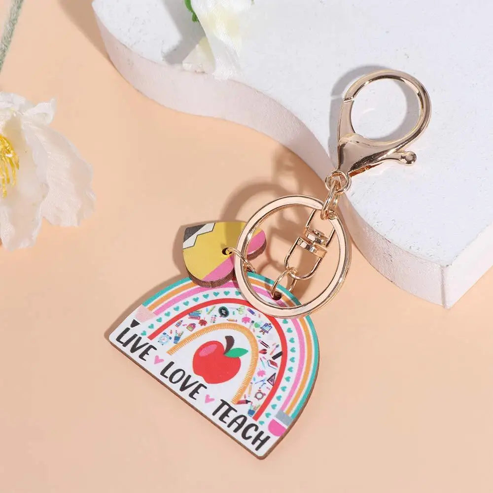 Wooden Pencil Rainbow Keychain English Letter Charm Teacher's Day Keychain Aesthetic Geometric Shape Teacher Education Pendant Zpaxo
