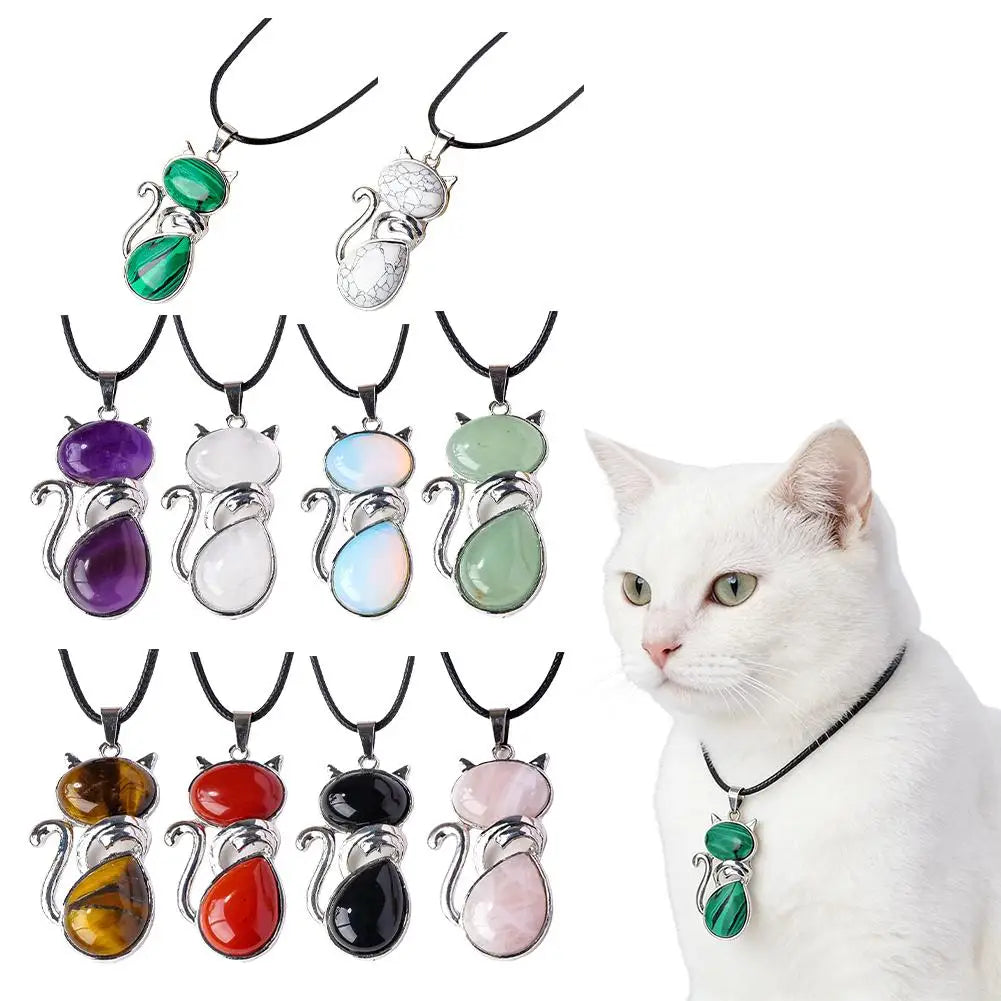 Natural Stone Cat Pendant – Amethyst, Tiger Eye & Crystal Crystal Pendant Necklace Zpaxo