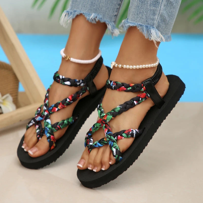 Outdoor Women Sandals Trend Floral Printing Flat Sandals Women Lightweight Slip on Beach Shoes Woman Braided Band Bohemian Shoes Zpaxo black 40