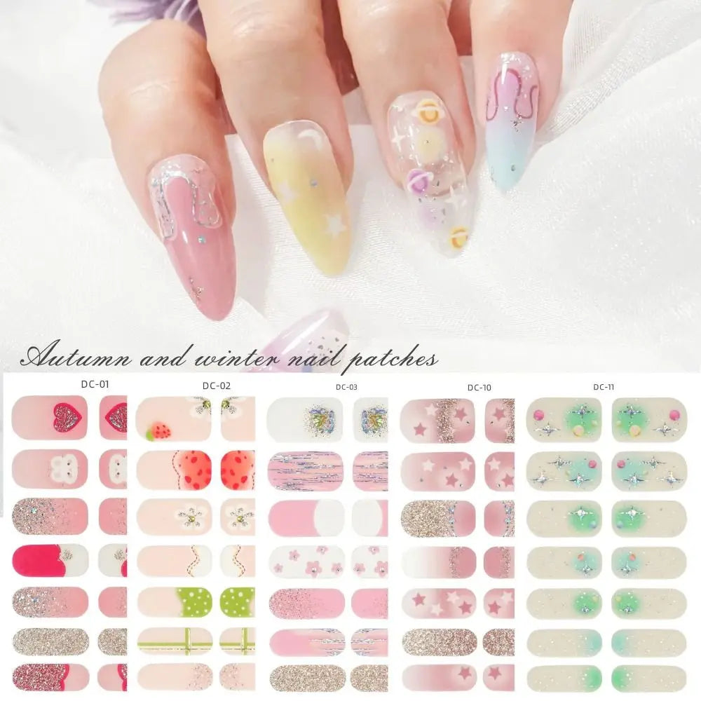 14 Strips Semi Cured Gel Nail Stickers Floristic Full Cover Gel Nail Polish Strips French Nail Art Glittering Nail Art Stickers Zpaxo